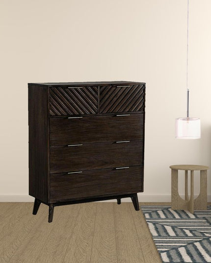 39" Dark Acacia Solid Wood Five Drawer Dresser