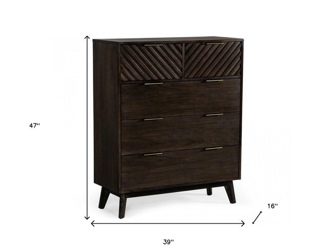 39" Dark Acacia Solid Wood Five Drawer Dresser
