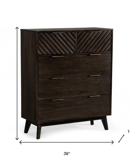39" Dark Acacia Solid Wood Five Drawer Dresser