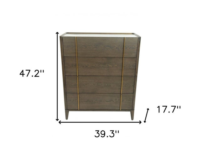 39" Dark Brown and gold Solid Wood Four Drawer Dresser