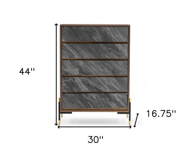 30" Walnut And Grey Manufactured Wood Five Drawer Chest