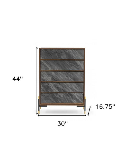63" Walnut And Grey Faux Marble Wood Six Drawer Double Dresser