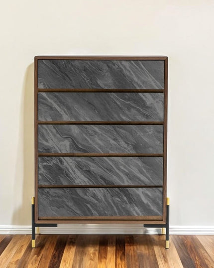 63" Walnut And Grey Faux Marble Wood Six Drawer Double Dresser