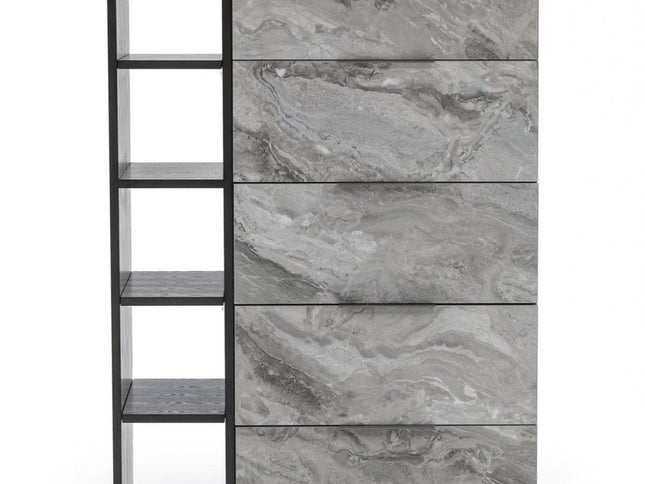 63" Grey Faux Marble and Black Wood Six Drawer Double Dresser
