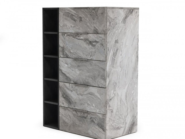 63" Grey Faux Marble and Black Wood Six Drawer Double Dresser