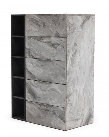 63" Grey Faux Marble and Black Wood Six Drawer Double Dresser