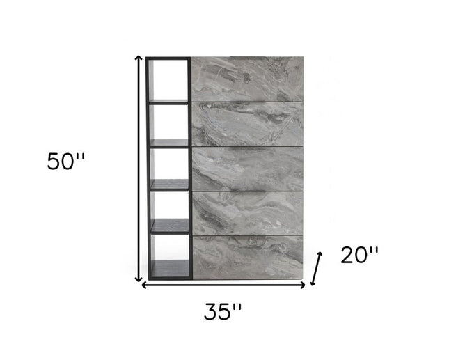 63" Grey Faux Marble and Black Wood Six Drawer Double Dresser