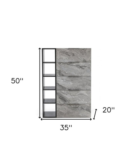 63" Grey Faux Marble and Black Wood Six Drawer Double Dresser