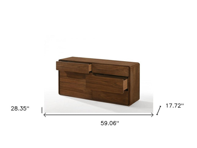 59" Walnut Solid Wood Six Drawer Double Dresser