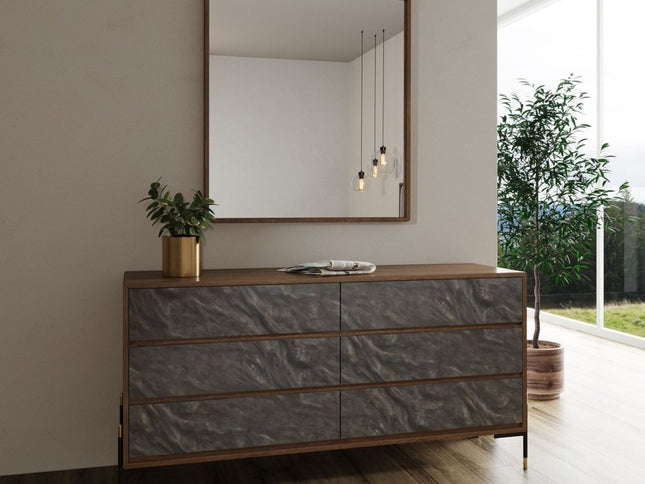 30" Walnut And Grey Manufactured Wood Five Drawer Chest