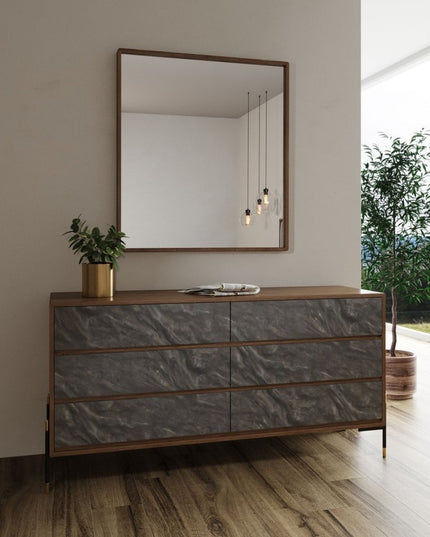 63" Walnut And Grey Faux Marble Wood Six Drawer Double Dresser