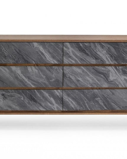 63" Walnut And Grey Faux Marble Wood Six Drawer Double Dresser