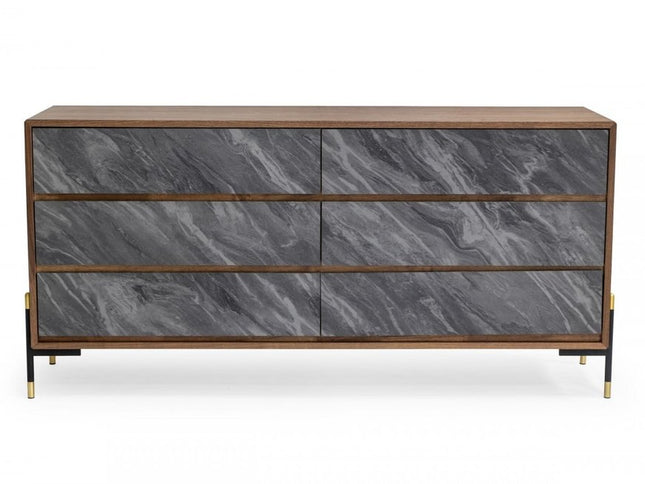 30" Walnut And Grey Manufactured Wood Five Drawer Chest