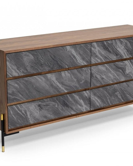 63" Walnut And Grey Faux Marble Wood Six Drawer Double Dresser