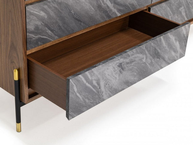 30" Walnut And Grey Manufactured Wood Five Drawer Chest