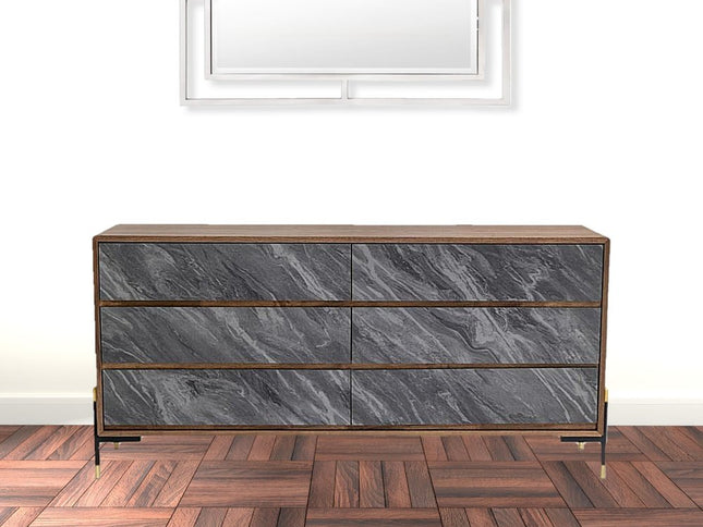 30" Walnut And Grey Manufactured Wood Five Drawer Chest