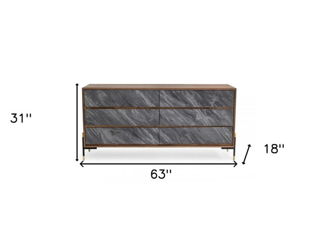63" Walnut And Grey Faux Marble Wood Six Drawer Double Dresser