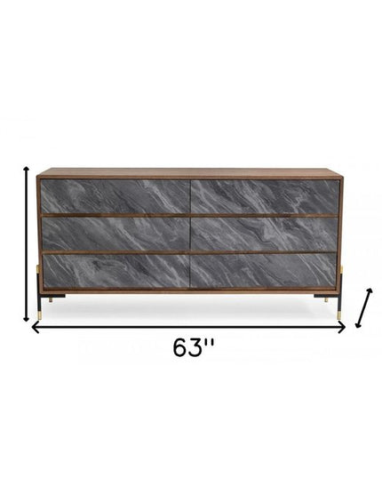 63" Walnut And Grey Faux Marble Wood Six Drawer Double Dresser