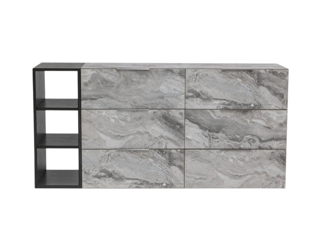 63" Grey Faux Marble and Black Wood Six Drawer Double Dresser