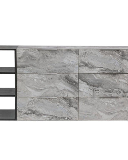 63" Grey Faux Marble and Black Wood Six Drawer Double Dresser