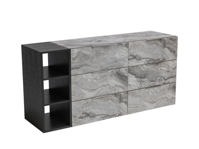 63" Grey Faux Marble and Black Wood Six Drawer Double Dresser