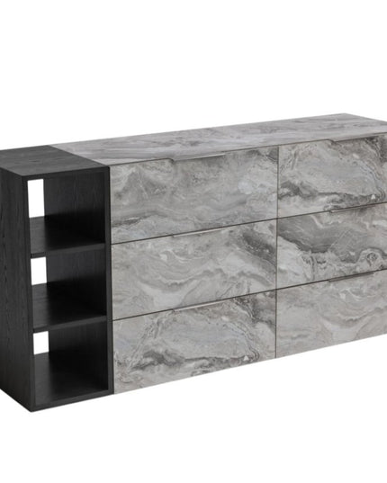 63" Grey Faux Marble and Black Wood Six Drawer Double Dresser