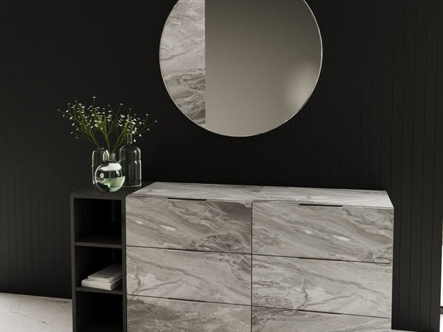 63" Grey Faux Marble and Black Wood Six Drawer Double Dresser