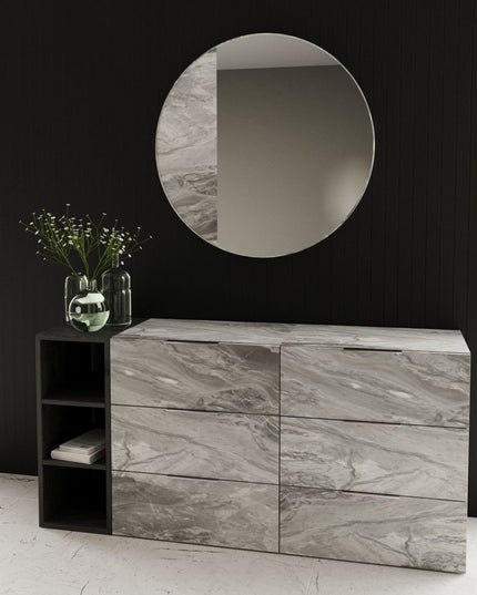 63" Grey Faux Marble and Black Wood Six Drawer Double Dresser