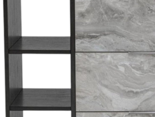 63" Grey Faux Marble and Black Wood Six Drawer Double Dresser