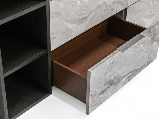 63" Grey Faux Marble and Black Wood Six Drawer Double Dresser