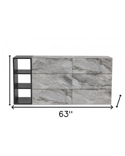 63" Grey Faux Marble and Black Wood Six Drawer Double Dresser