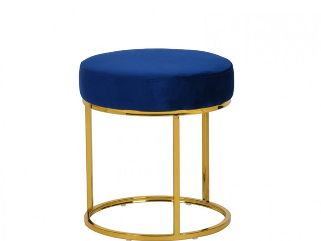 16" Blue Velvet And Gold Round Footstool Ottoman
