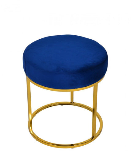16" Blue Velvet And Gold Round Footstool Ottoman