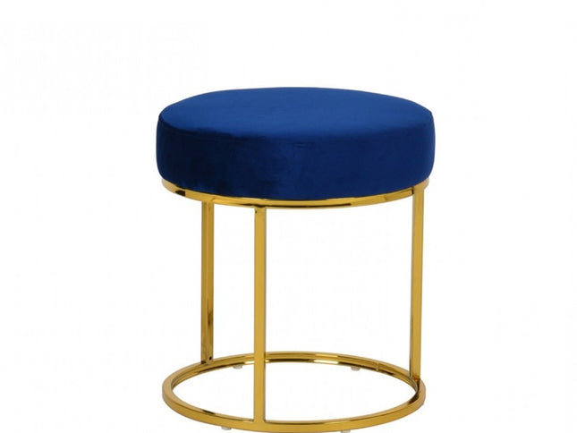 16" Blue Velvet And Gold Round Footstool Ottoman