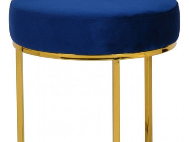 16" Blue Velvet And Gold Round Footstool Ottoman