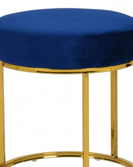 16" Blue Velvet And Gold Round Footstool Ottoman