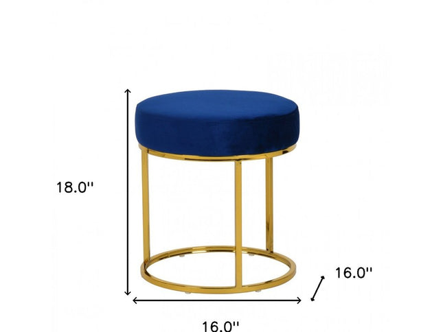 16" Blue Velvet And Gold Round Footstool Ottoman