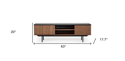 63" Walnut And Gray Wood Open And Enclosed Storage TV Stand