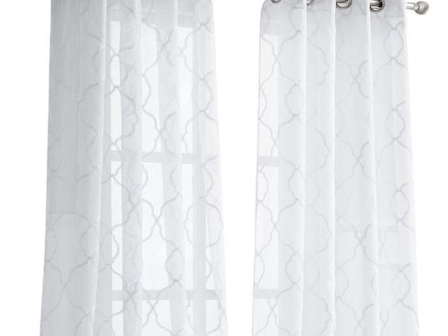 84” White Trellis Pattern Embroidered Window Curtain Panel