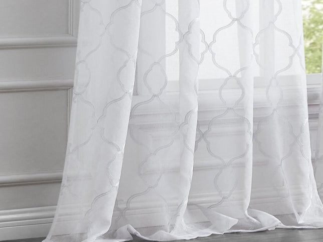 84” White Trellis Pattern Embroidered Window Curtain Panel