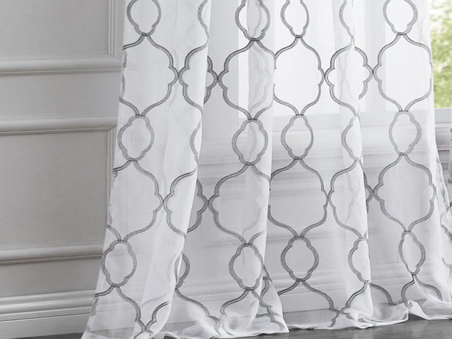 84” Silver Trellis Pattern Embroidered Window Curtain Panel