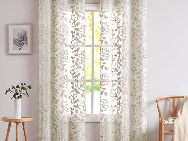 Set of Two 84"  Tan Floral Embroidered Window Panels