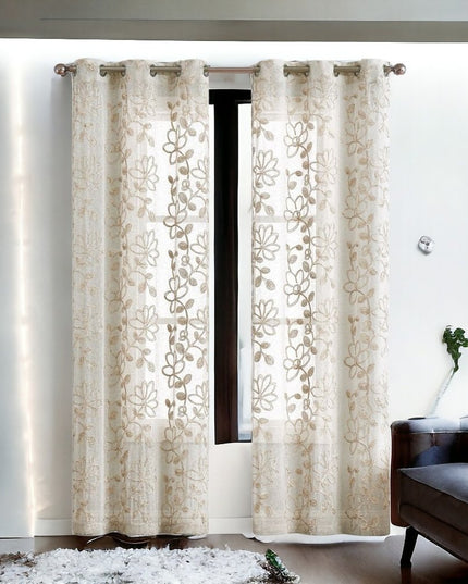 Set of Two 96"  Tan Floral Embroidered Window Panels