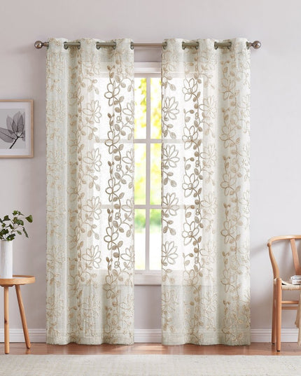 Set of Two 96"  Tan Floral Embroidered Window Panels