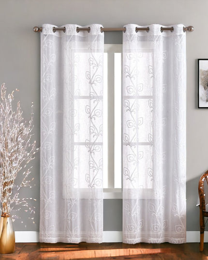 Set of Two 84"  White Boho Embroidered Window Panels