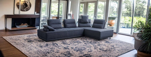 Blue 100% Polyester Stationary L Shaped Two Piece Sofa And Chaise