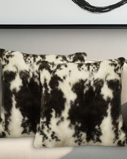 Set of Two 18" Black and White Rabbit Natural Fur Throw Pillow