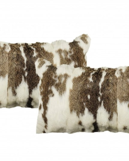 Set of Two 12" X 20" Brown and White Throw Pillows