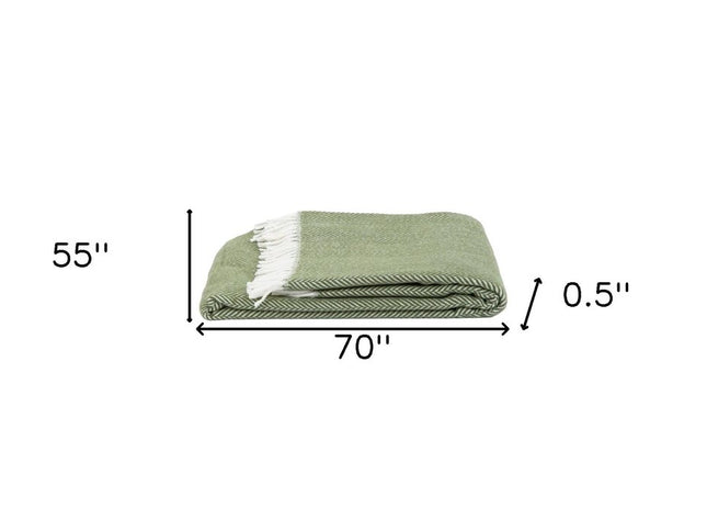 55" X 70" Moss Green And White Cotton Blend Woven Herringbone Plush Throw Blanket with Tassels