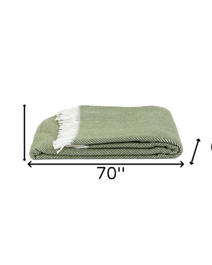 55" X 70" Moss Green And White Cotton Blend Woven Herringbone Plush Throw Blanket with Tassels